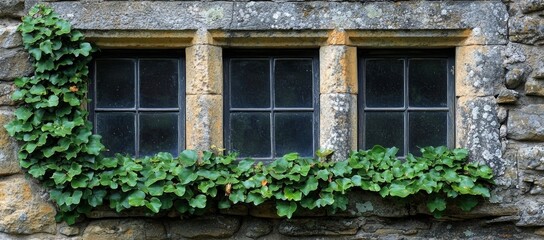 Ivy-covered windows in an old stone building.