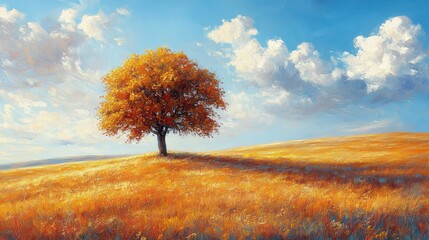 Olive Tree on Vast Dry Meadow Landscape in Impressionism Style