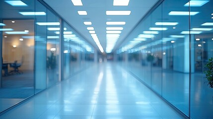 Modern office interior features a long corridor with glass partitions and bright lighting during daylight hours