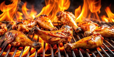 Sizzling chicken legs and wings on the grill with flames, juicy meat , #flames, #cooking,  #flames, #cooking