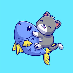 Cute Cat Riding Fish Cartoon Vector Icon Illustration. Animal 
Nature Icon Concept Isolated Premium Vector. Flat Cartoon 
Style 