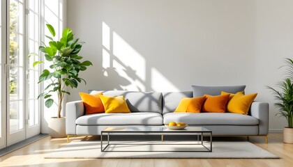 Bright modern living room with gray sofa and orange pillows. Minimalist scandinavian interior with sunlight through windows. Green plant and coffee table. Home design with copy space