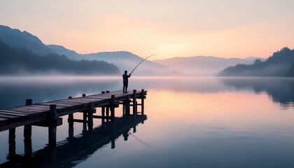 Person fishing on wooden pier at misty lake during sunrise. Peaceful mountain landscape with foggy water surface. Serene outdoor recreation scene. Nature meditation moment