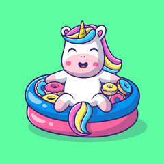 Cute Unicorn with Doughnut in Balloon Pool Cartoon Vector 
Icon Illustration. Animal Holiday Icon Concept Isolated 
Premium Vector. Flat Cartoon Style 