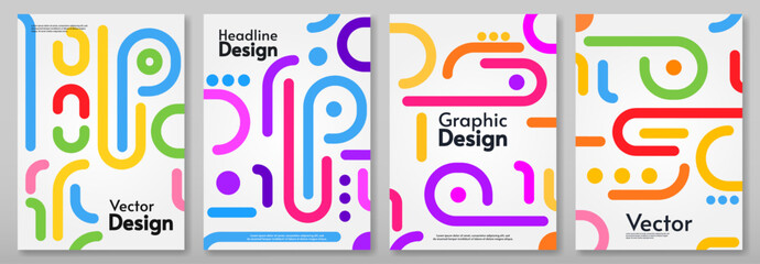 Set of abstract poster. Colorful line art design with white backdrop. Vector illustration. Design for poster, cover, brochure. 