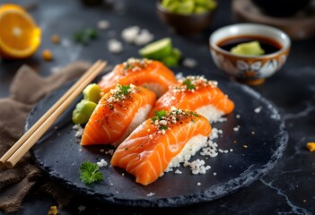 Fresh salmon nigiri sushi pieces on black slate plate. Traditional Japanese cuisine with raw fish, rice and sesame seeds. Asian restaurant menu, food delivery concept with copy space