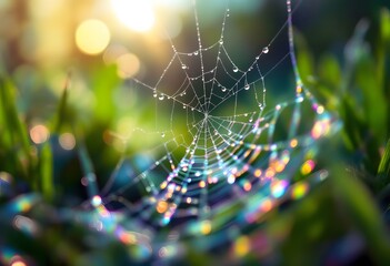 Delicate spider web with morning dew drops in green grass. Natural macro view with bokeh lights effect. Magical garden scene for nature background with copy space