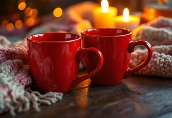 Obraz premium Two red ceramic mugs with cozy candlelight and knitted blanket on wooden table. Warm winter evening atmosphere for Christmas holiday season. Romantic home decor with golden bokeh lights