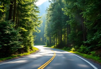 Naklejka premium Winding mountain road through dense evergreen forest in morning sunlight. Scenic summer highway in green pine woods. Empty asphalt route with double yellow line for travel concept