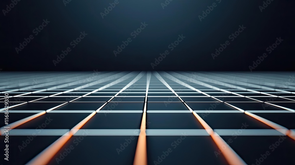 Poster Grid abstract background idea. A futuristic grid design with glowing lines creating a sense of depth and perspective.