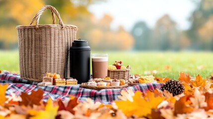 Cozy picnic setup with treats and drinks in autumn foliage.