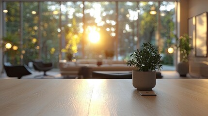 Sunlight streams into a modern living room with a plant centerpiece and comfortable seating arrangements