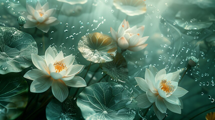 Serene Lotus Pond with Dewy Leaves Background

