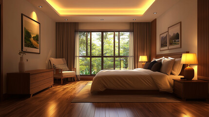 Fototapeta premium Modern bedroom with wooden flooring, warm lighting, and large window view.