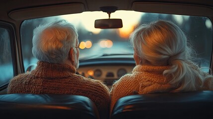 A senior couple drives in a classic car at sunset, enjoying a scenic road trip together.