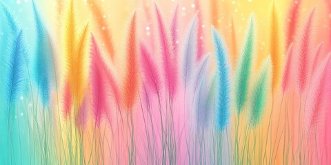 Abstract colorful plumes resembling ornamental grasses in shades of pink, blue, yellow, and orange set against a soft gradient background


