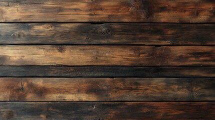 Naklejka premium Rustic wooden wall with horizontal planks in rich brown tones, featuring natural grain and burn marks for a rugged and organic appearance