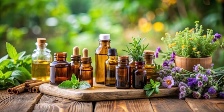 Aromatherapy oil blending on a wooden table, herbs, aromatherapy