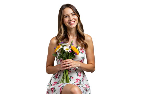 isolated cheerful portrait of a young woman in a floral dress holding a flower bouquet