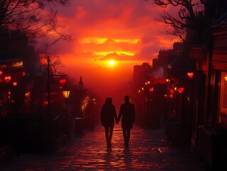 Fototapeta premium Couple holding hands walking up a hill at sunset.