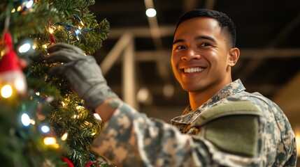 Smiling soldier decorating christmas tree with lights in military base