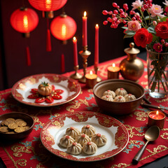 Naklejka premium Vibrant chinese new year dessert table with traditional treats and decor, photography of still life concept.