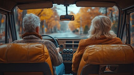 A senior couple drives through an autumnal forest in a vintage car.