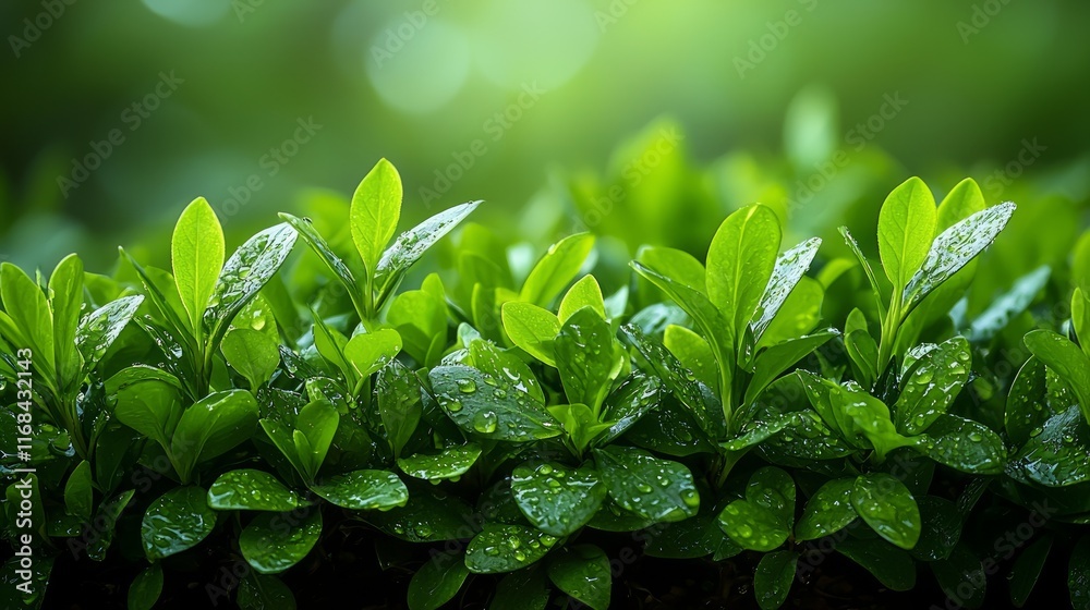 Wall mural Lush green leaves with water droplets, close-up view.