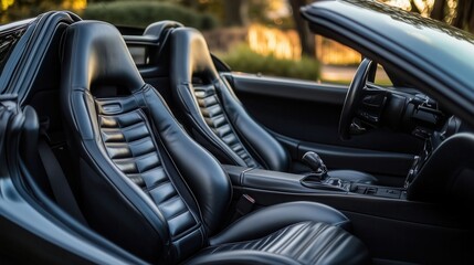 Luxurious black leather interior of a sports car showing steering wheel and seats