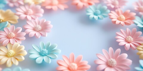 Fototapeta premium Pastel flower frame on light blue background.