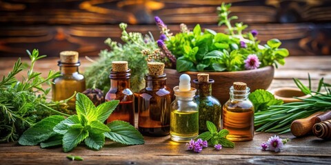 Aromatic herbs and essential oils arranged on a wooden table , plant extracts