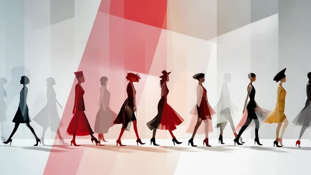 Fashion Models in Dynamic Poses on Runway, Showcasing Elegance and Vibrant Style