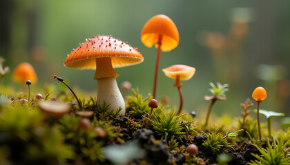 Fototapeta premium Colorful mushrooms growing in a lush forest with soft lighting for nature photography 