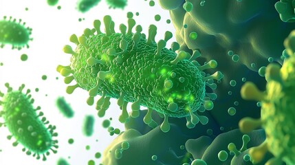 Glistening Listeria Bacterial Colony in Vibrant Green Pulsing with Ominous Textured Patterns on Stark White Background