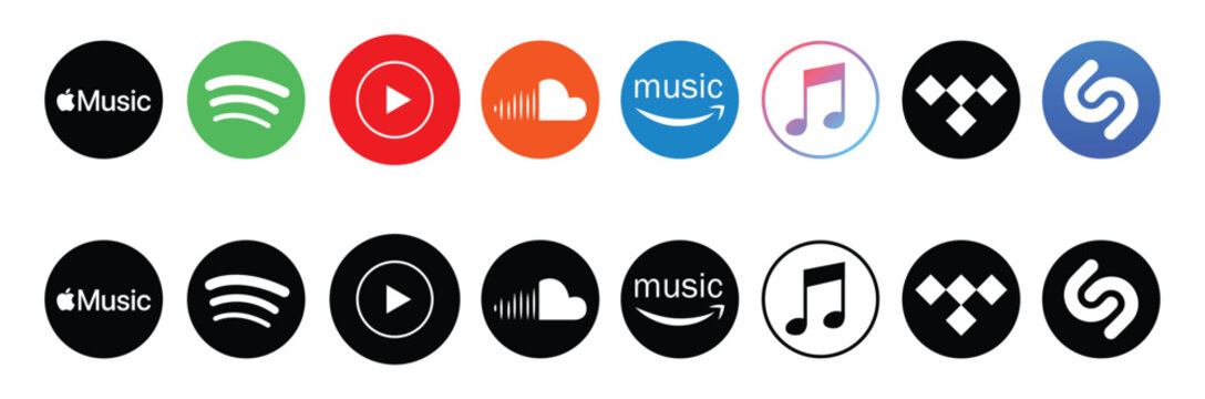 Apple music, spotify, youtube music, soundcloud, deezer, tidal, amazon music, smule, google. Popular music songs streaming brand. SoundCloud - a set of logos for popular music streaming services.