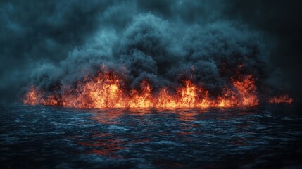 Fototapeta premium Infernal Seascape: A fiery inferno engulfs the dark ocean under a stormy sky. A dramatic and intense scene of burning land amidst churning waters.
