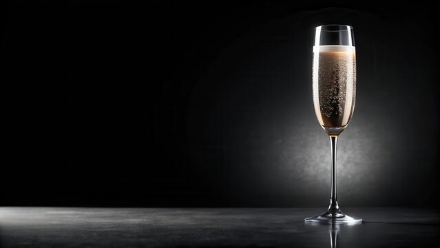 Elegant glass of champagne with foam on surface, against dark and sleek black background, perfect for luxurious living room or special occasion decor, high end, sophisticated