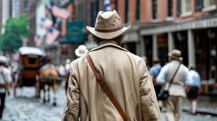 Obraz premium Benjamin Franklin Day.A historic scene featuring a man in traditional 18th-century attire on a cobblestone street with horse-drawn carriages.