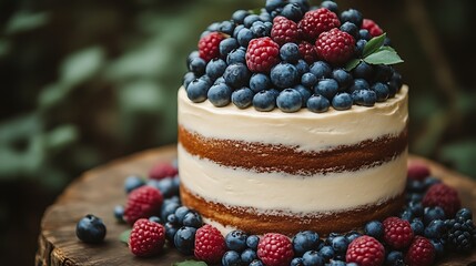Naked cake with blueberries and raspberries.