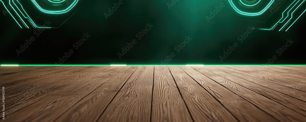 Poster chalkboard abstract background idea. modern digital backdrop with wooden floor and glowing neon acce