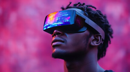 Immersive Virtual Reality Experience with Young Man Wearing Advanced VR Headset Under Vibrant Neon Lights