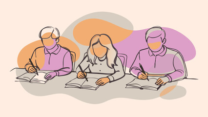 Collaborative Exam Scene, Hand-Drawn Style Vector Illustration of Students in a Test Environment