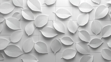 White leaf wall art with sculpted leaf shapes arranged symmetrically on a tiled surface for a contemporary decorative feature


