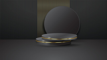 Luxury podium abstract design with dark gold color on black strips background. Premium design for product display