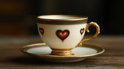 Fototapeta premium Elegant teacup and saucer with heart design on wooden surface.