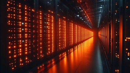 Illuminated server room corridor with racks.