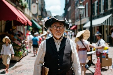 Fototapeta premium Benjamin Franklin Day. A portrait of an older gentleman in vintage attire, wearing a hat and round glasses, on a busy urban street.