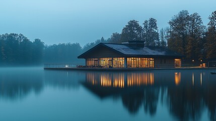 Obraz premium Serene Lakeside Building at Dusk