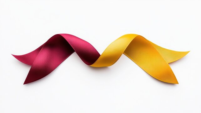 A maroon and yellow ribbon intertwined on a white background.