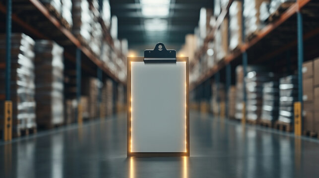 Cargo management. A clipboard stands in a warehouse aisle, illuminated with soft lighting, surrounded by shelves stocked with boxes and products.